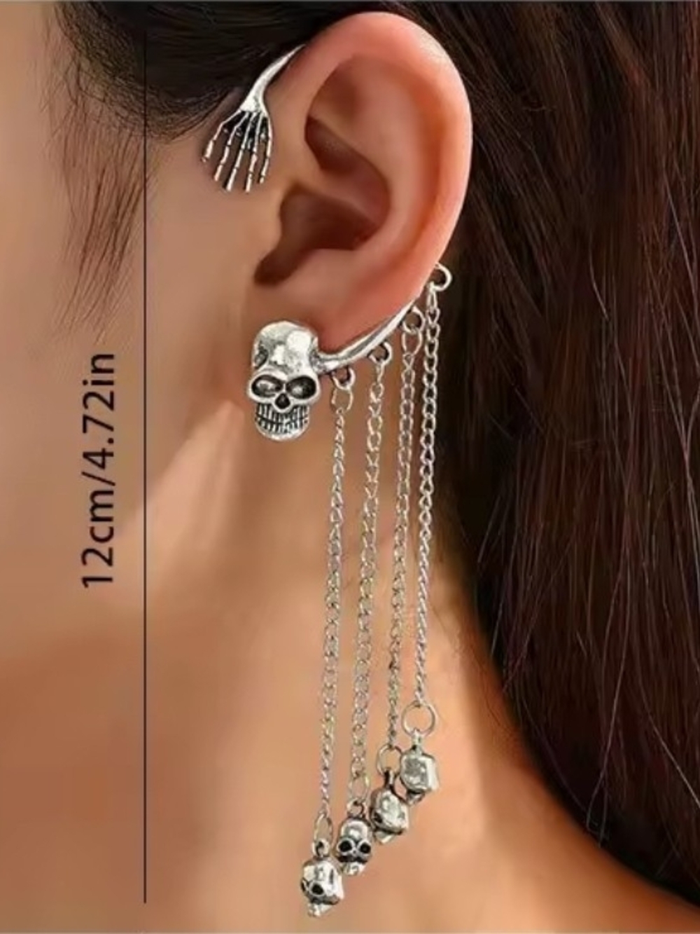 Silver Skull Chain Ear Cuff with Dangling Skulls